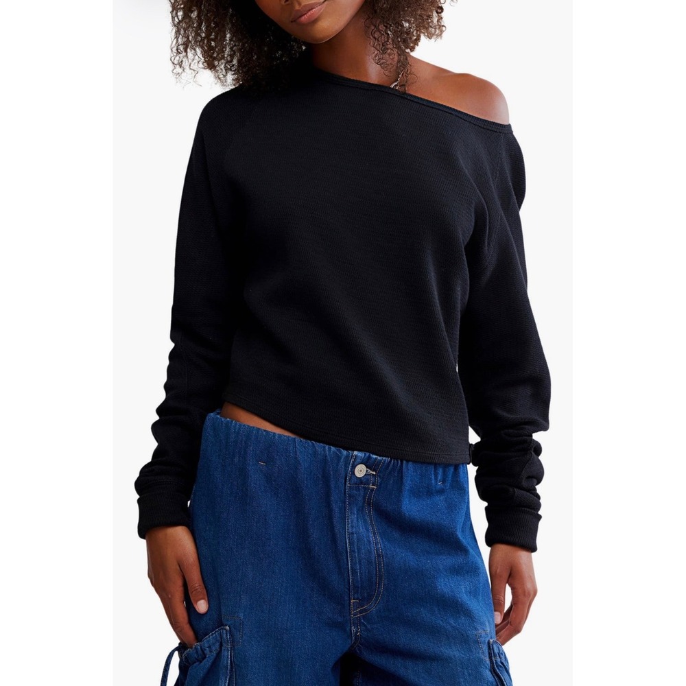 Free People We The Free Jess One Shoulder Thermal Top M Black Dolman Sleeve